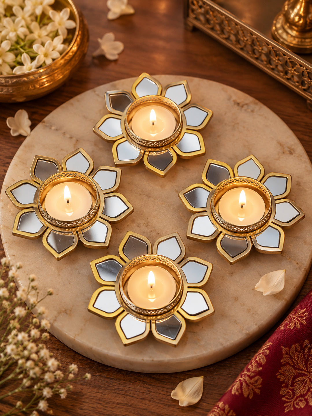 Decorative Gold & Silver Metallic Tealight Candle Diya Holders - Set of 4 (10 cm)