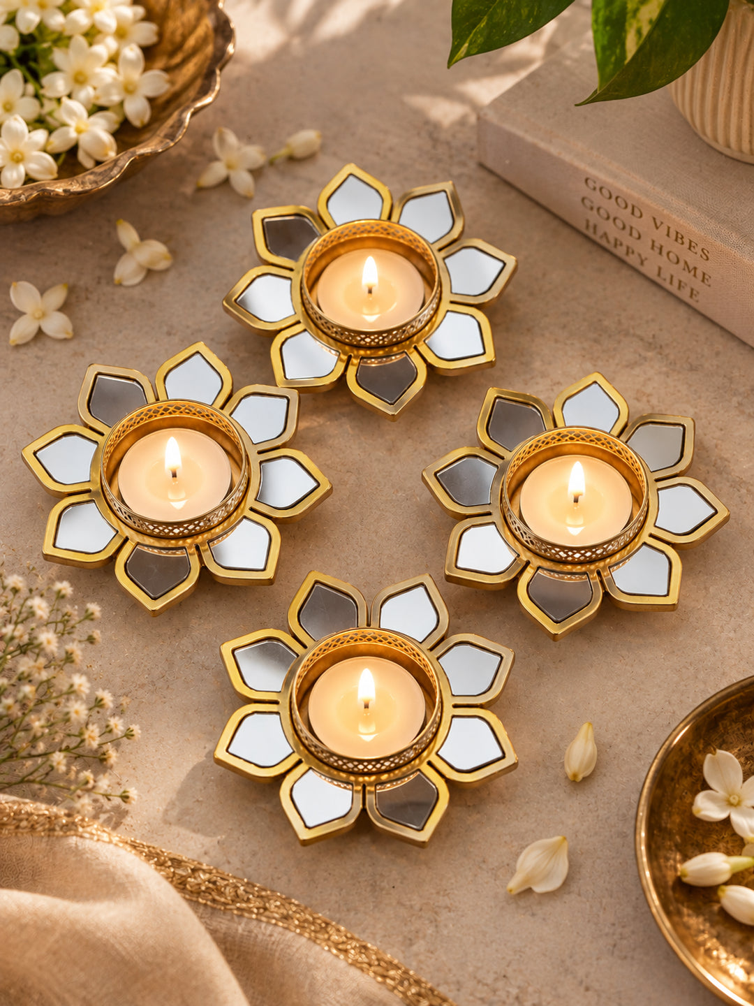 Decorative Gold & Silver Metallic Tealight Candle Diya Holders - Set of 4 (10 cm)