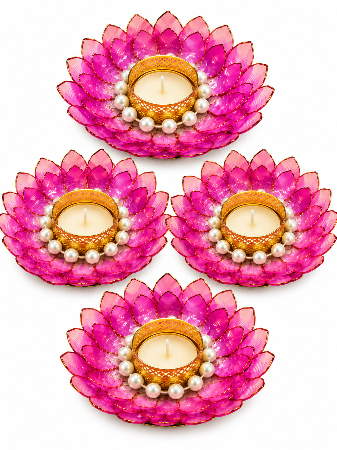 Handmade Floral & Pearl Ring Tealight Candle Diya Holders - Set of 4 (Pink & White, 13 cm)