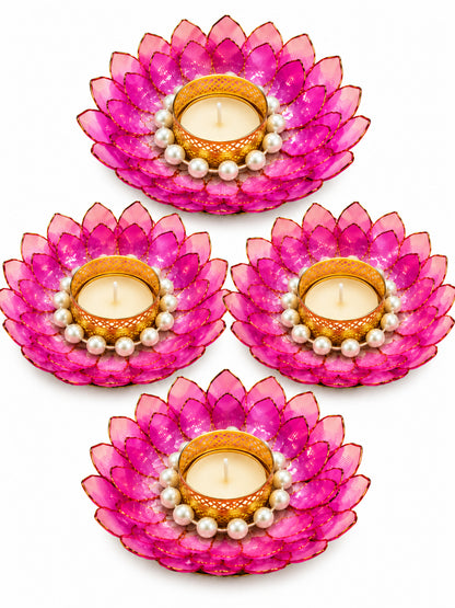 Handmade Floral & Pearl Ring Tealight Candle Diya Holders - Set of 4 (Pink & White, 13 cm)