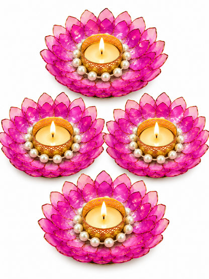 Handmade Floral & Pearl Ring Tealight Candle Diya Holders - Set of 4 (Pink & White, 13 cm)