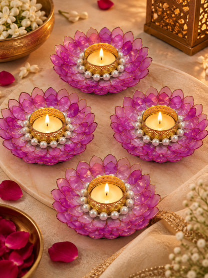 Handmade Floral & Pearl Ring Tealight Candle Diya Holders - Set of 4 (Pink & White, 13 cm)