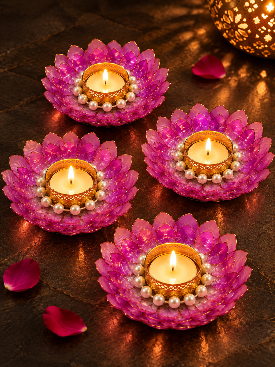 Handmade Floral & Pearl Ring Tealight Candle Diya Holders - Set of 4 (Pink & White, 13 cm)