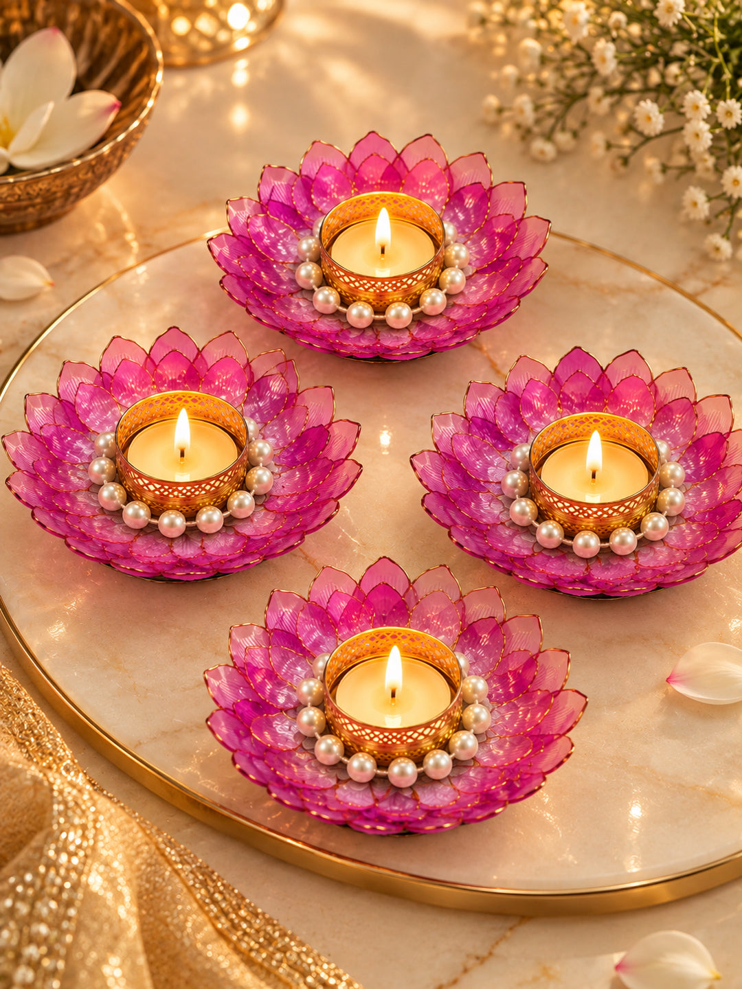 Handmade Floral & Pearl Ring Tealight Candle Diya Holders - Set of 4 (Pink & White, 13 cm)