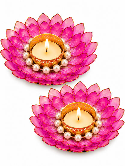 Handcrafted Pink & White Floral Ring Tealight Candle Holders - Set of 2 (13 cm)