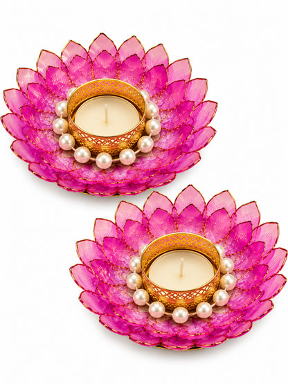 Handcrafted Pink & White Floral Ring Tealight Candle Holders - Set of 2 (13 cm)