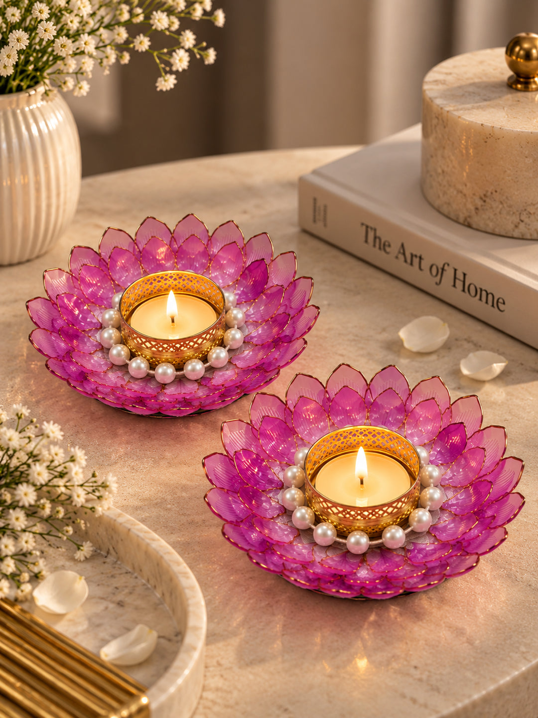 Handcrafted Pink & White Floral Ring Tealight Candle Holders - Set of 2 (13 cm)