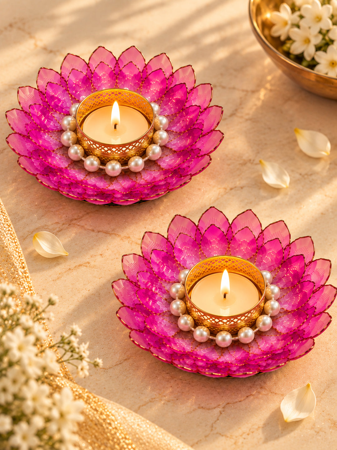 Handcrafted Pink & White Floral Ring Tealight Candle Holders - Set of 2 (13 cm)