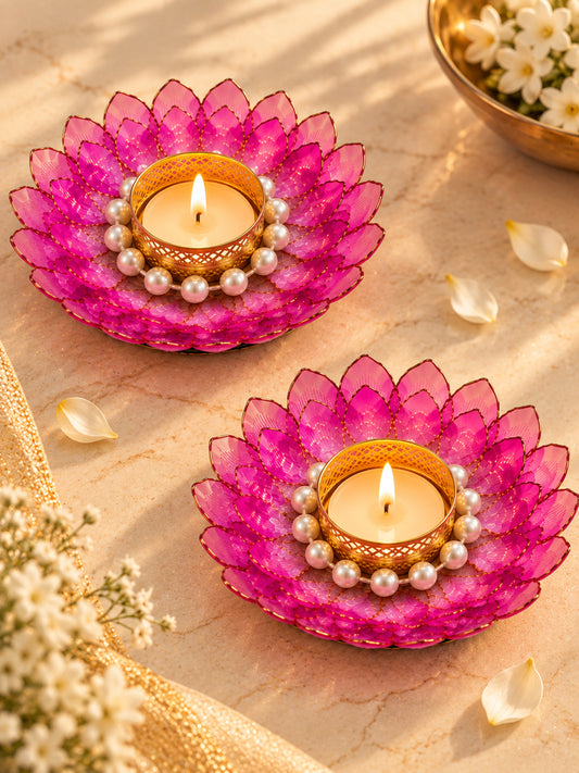 Handcrafted Pink & White Floral Ring Tealight Candle Holders - Set of 2 (13 cm)
