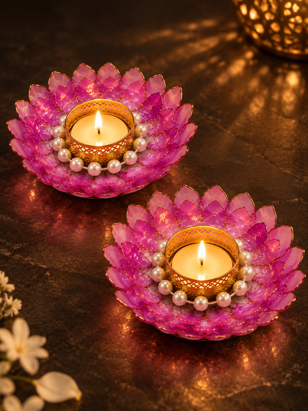 Handcrafted Pink & White Floral Ring Tealight Candle Holders - Set of 2 (13 cm)