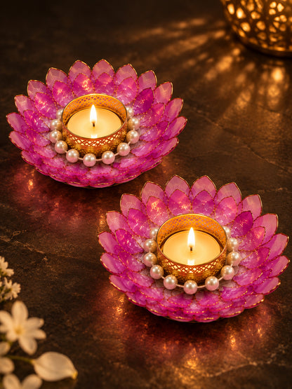 Handcrafted Pink & White Floral Ring Tealight Candle Holders - Set of 2 (13 cm)