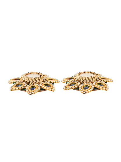 Gold-Toned 2 Pieces Pecock Pattern Tea Light Candle Holder
