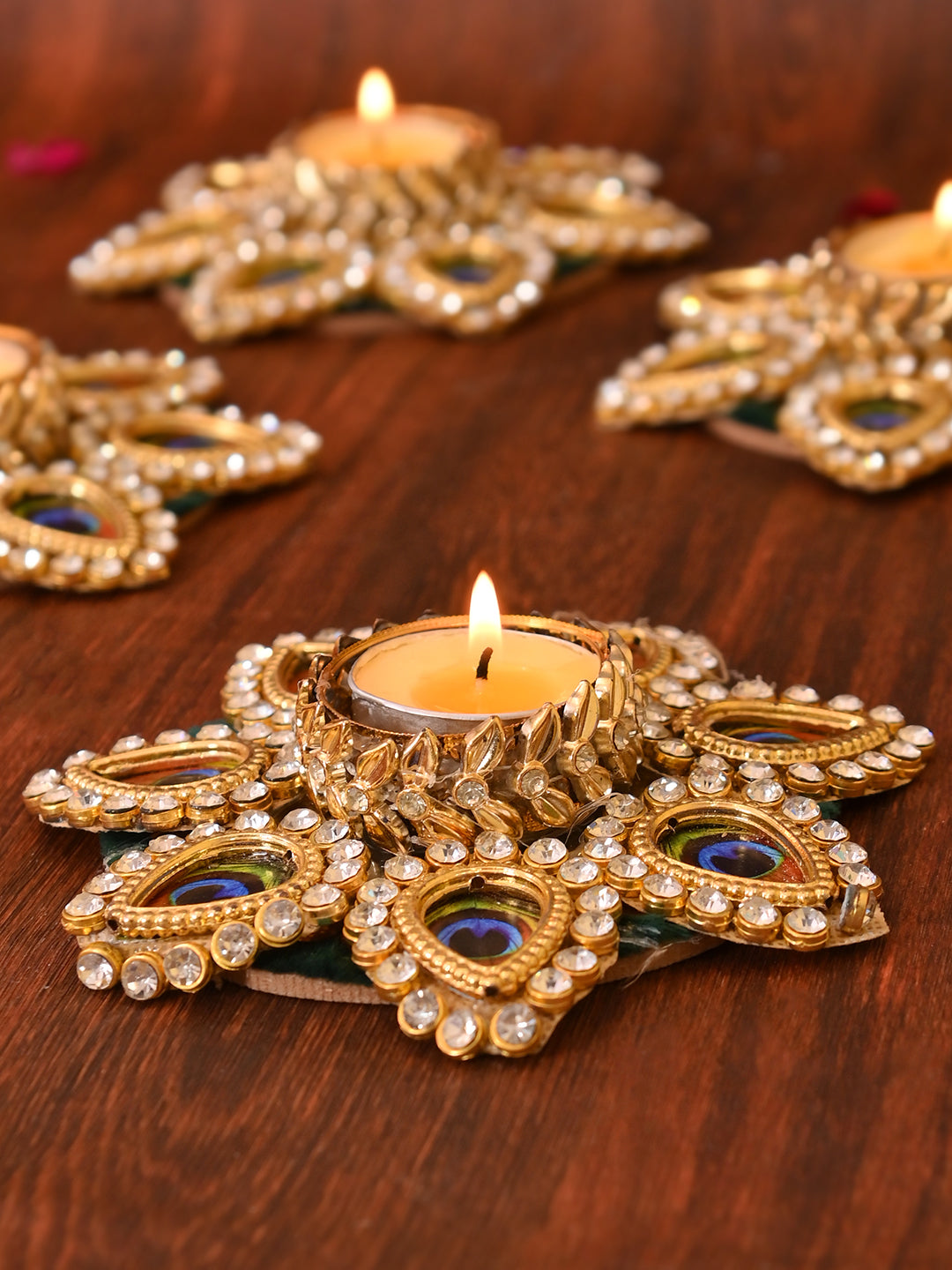 Gold-Toned & Blue 4 Pieces Peacock Motif Tea Light Candle Holder