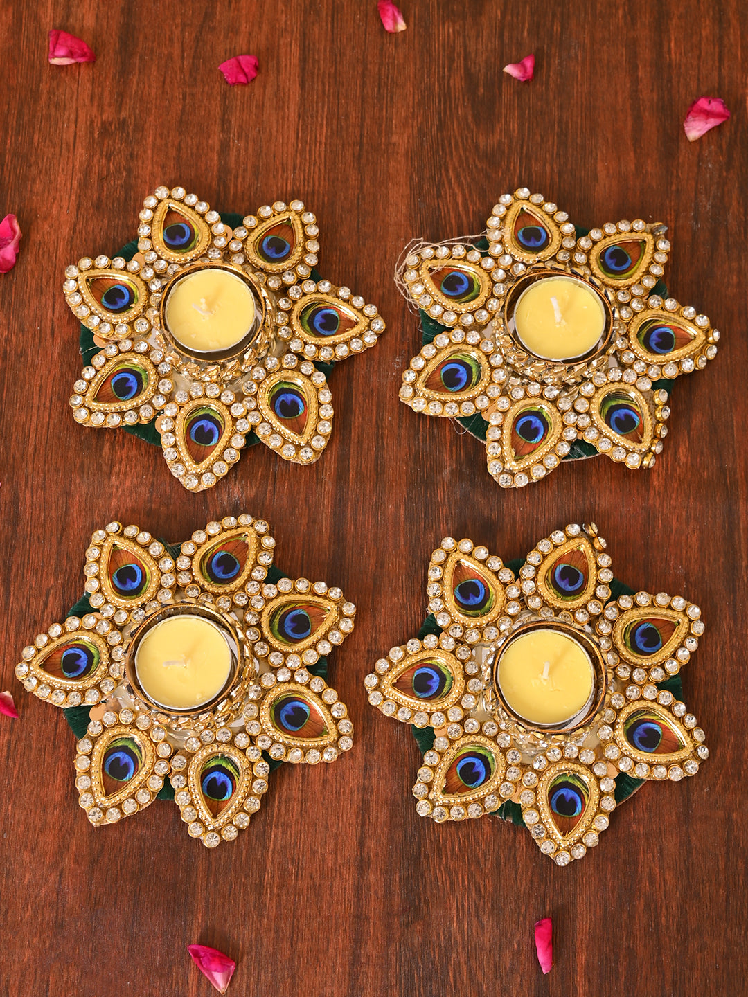 Gold-Toned & Blue 4 Pieces Peacock Motif Tea Light Candle Holder