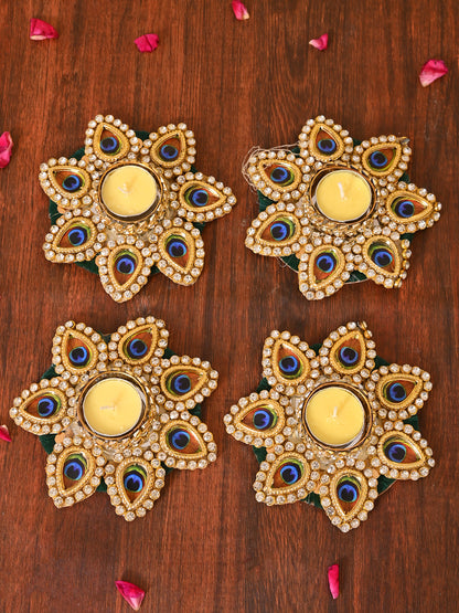 Gold-Toned & Blue 4 Pieces Peacock Motif Tea Light Candle Holder