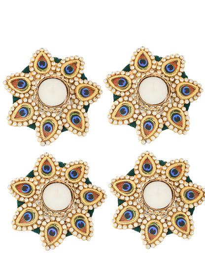 Gold-Toned & Blue 4 Pieces Peacock Motif Tea Light Candle Holder