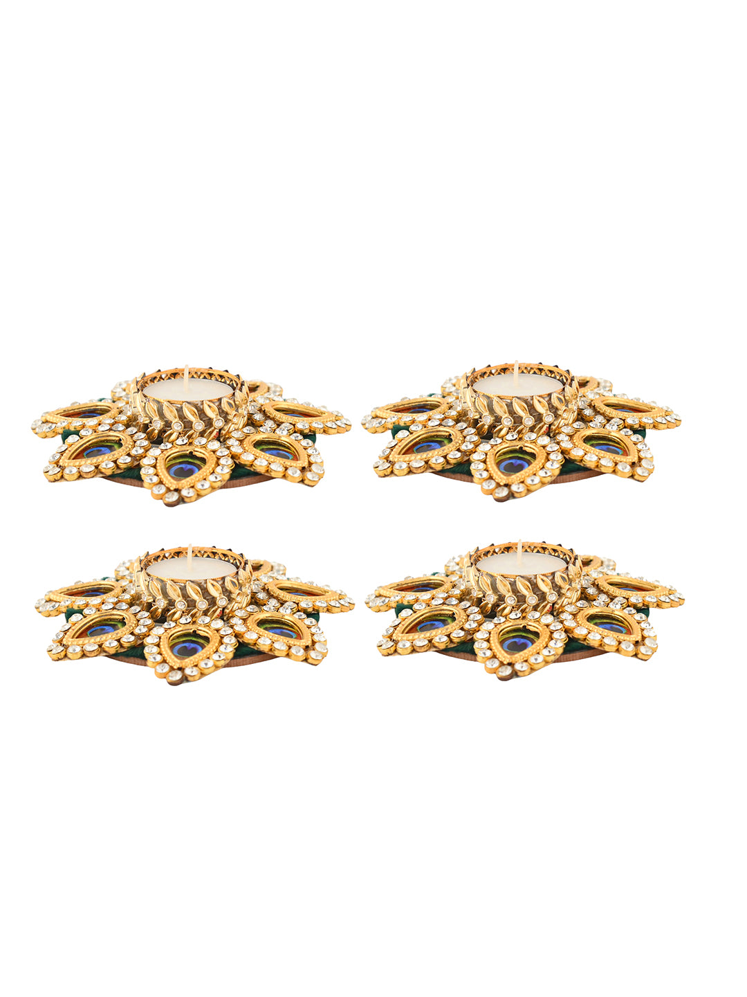 Gold-Toned & Blue 4 Pieces Peacock Motif Tea Light Candle Holder