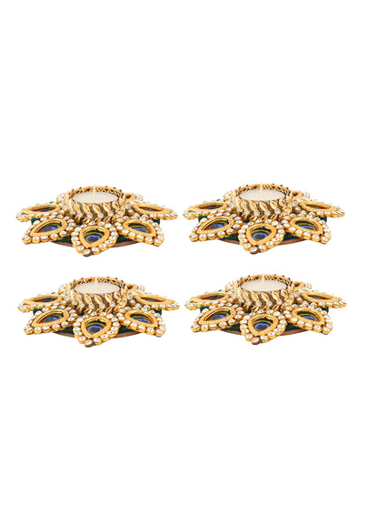 Gold-Toned & Blue 4 Pieces Peacock Motif Tea Light Candle Holder