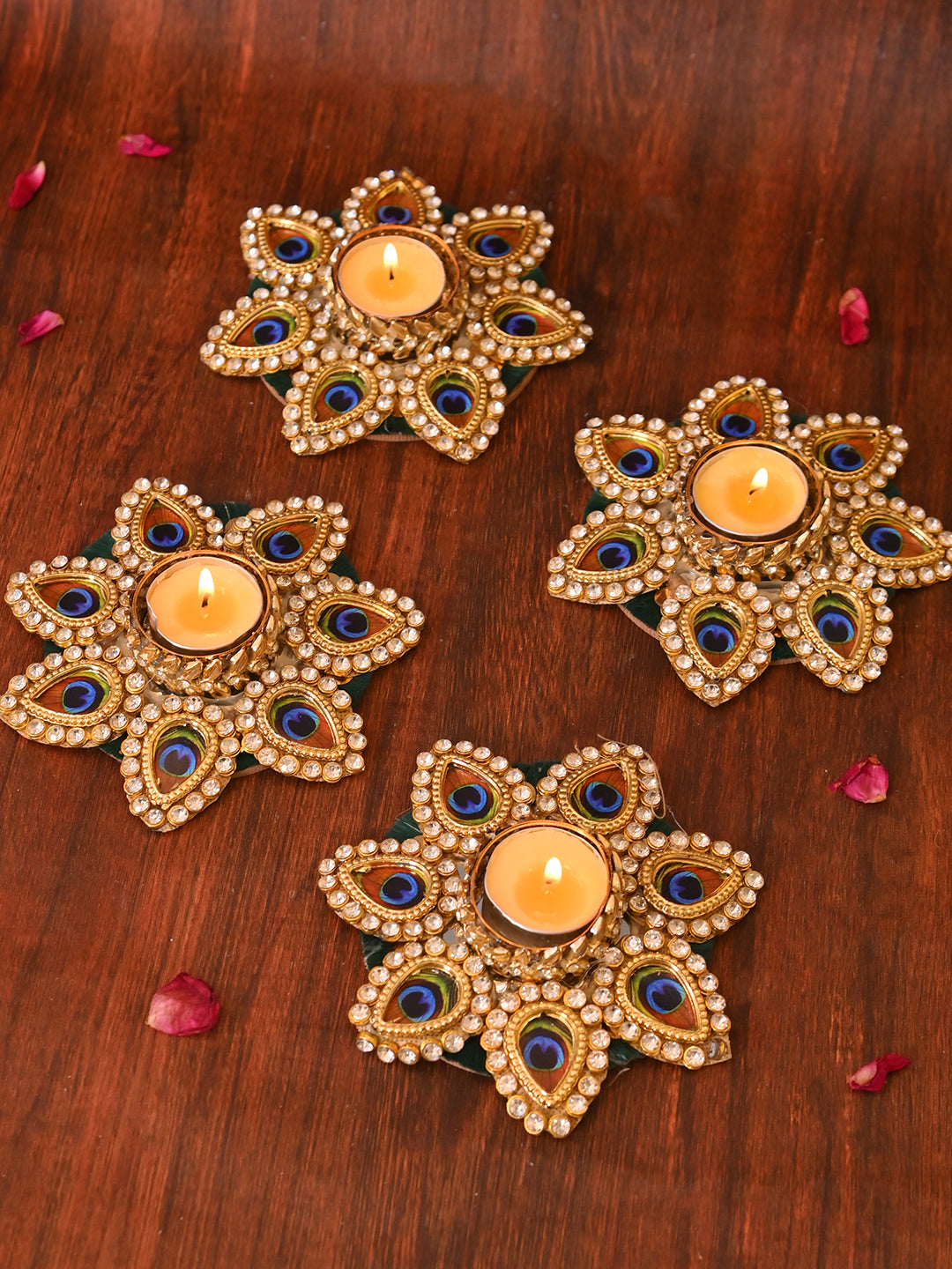 Gold-Toned & Blue 4 Pieces Peacock Motif Tea Light Candle Holder