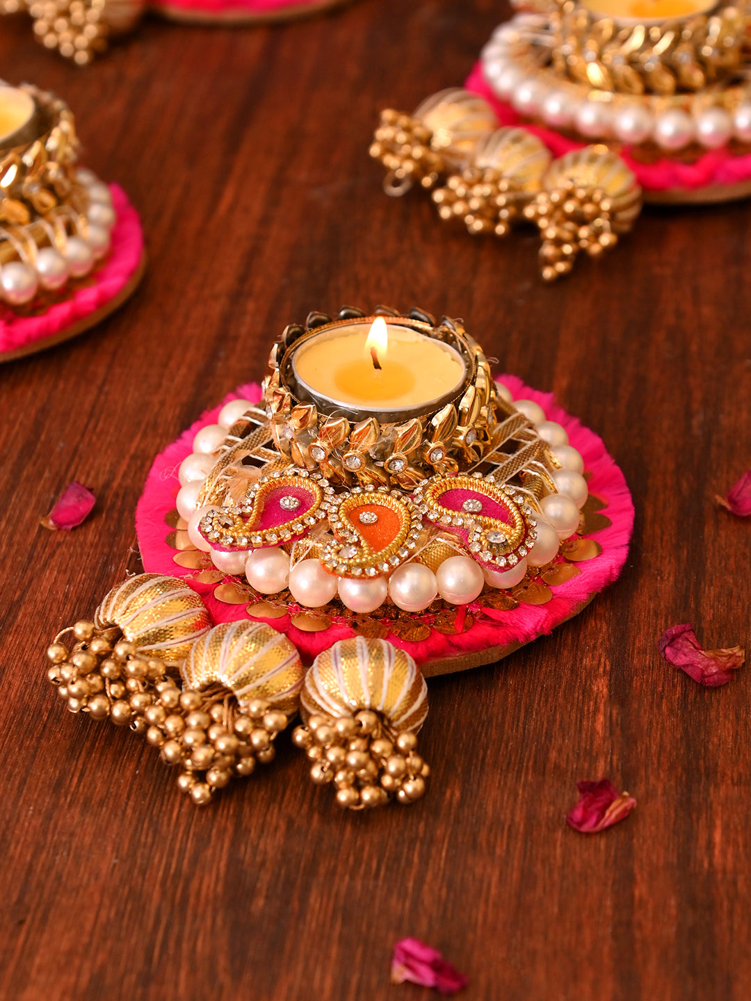 Pink & Gold-Toned 2 Pieces Paisley Pattern Tea Light Candle Holder