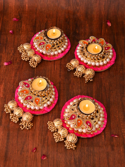 Pink & Gold-Toned 4 Pieces Paisley Pattern Tea Light Candle Holder