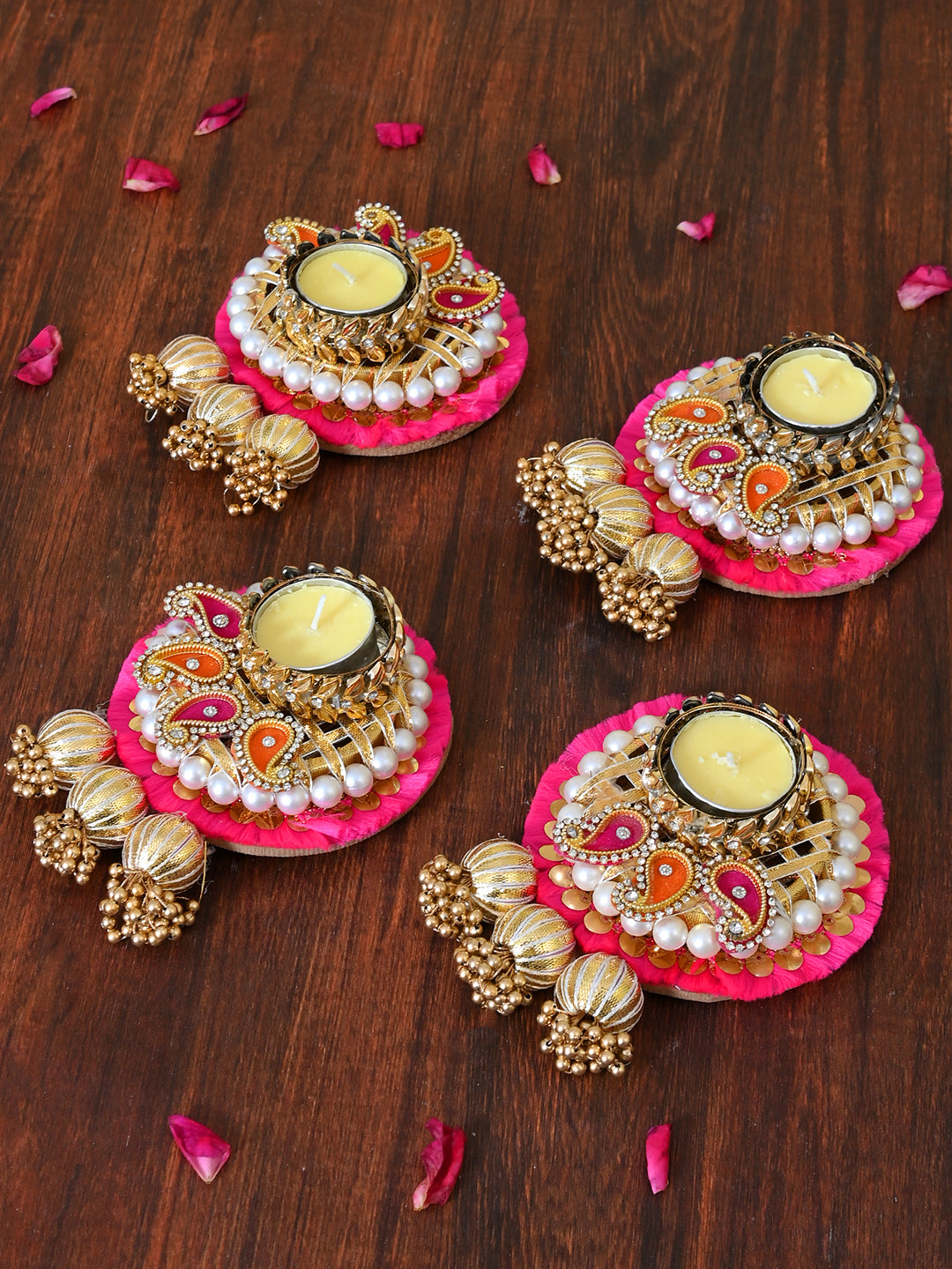 Pink & Gold-Toned 4 Pieces Paisley Pattern Tea Light Candle Holder