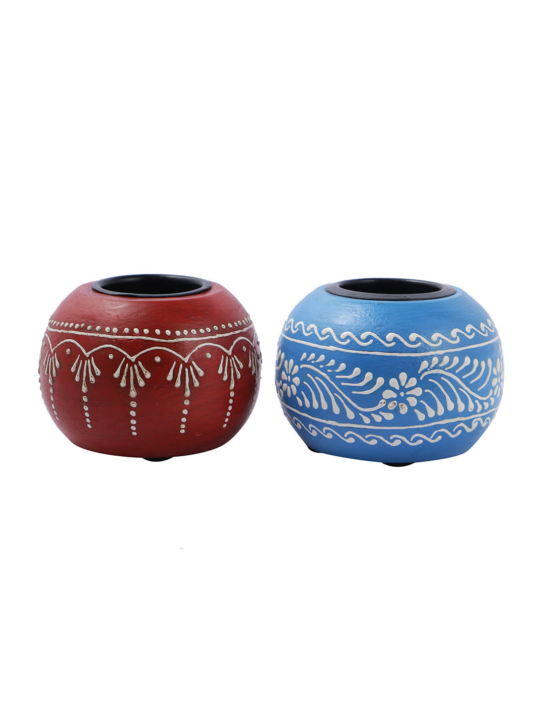 Red & Blue 2 Pieces Wooden Candle Holders