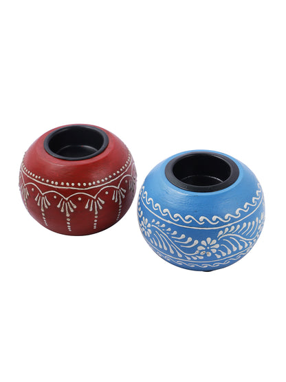 Red & Blue 2 Pieces Wooden Candle Holders