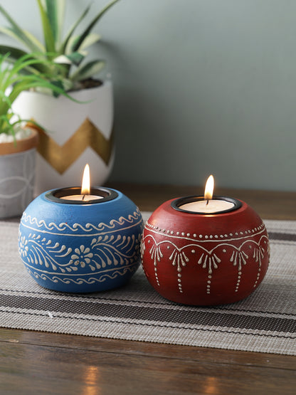 Red & Blue 2 Pieces Wooden Candle Holders
