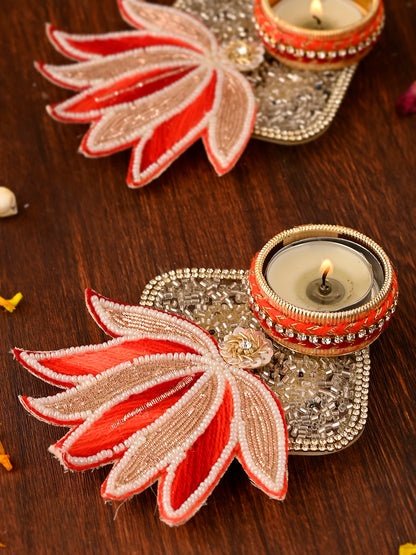 Gold-toned & Red 2 Pieces Lotus Shaped Metal Candle Holders