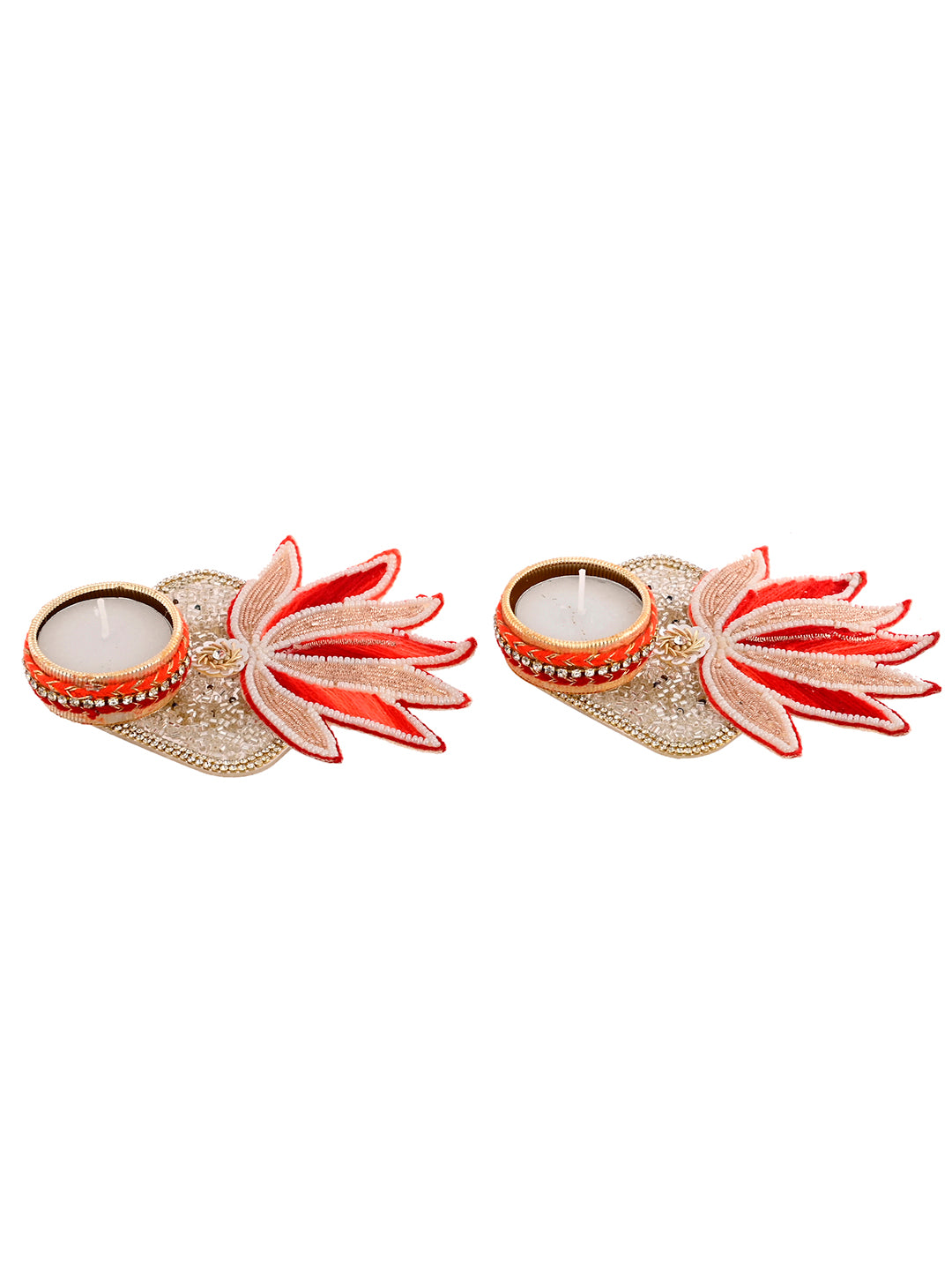 Gold-toned & Red 2 Pieces Lotus Shaped Metal Candle Holders