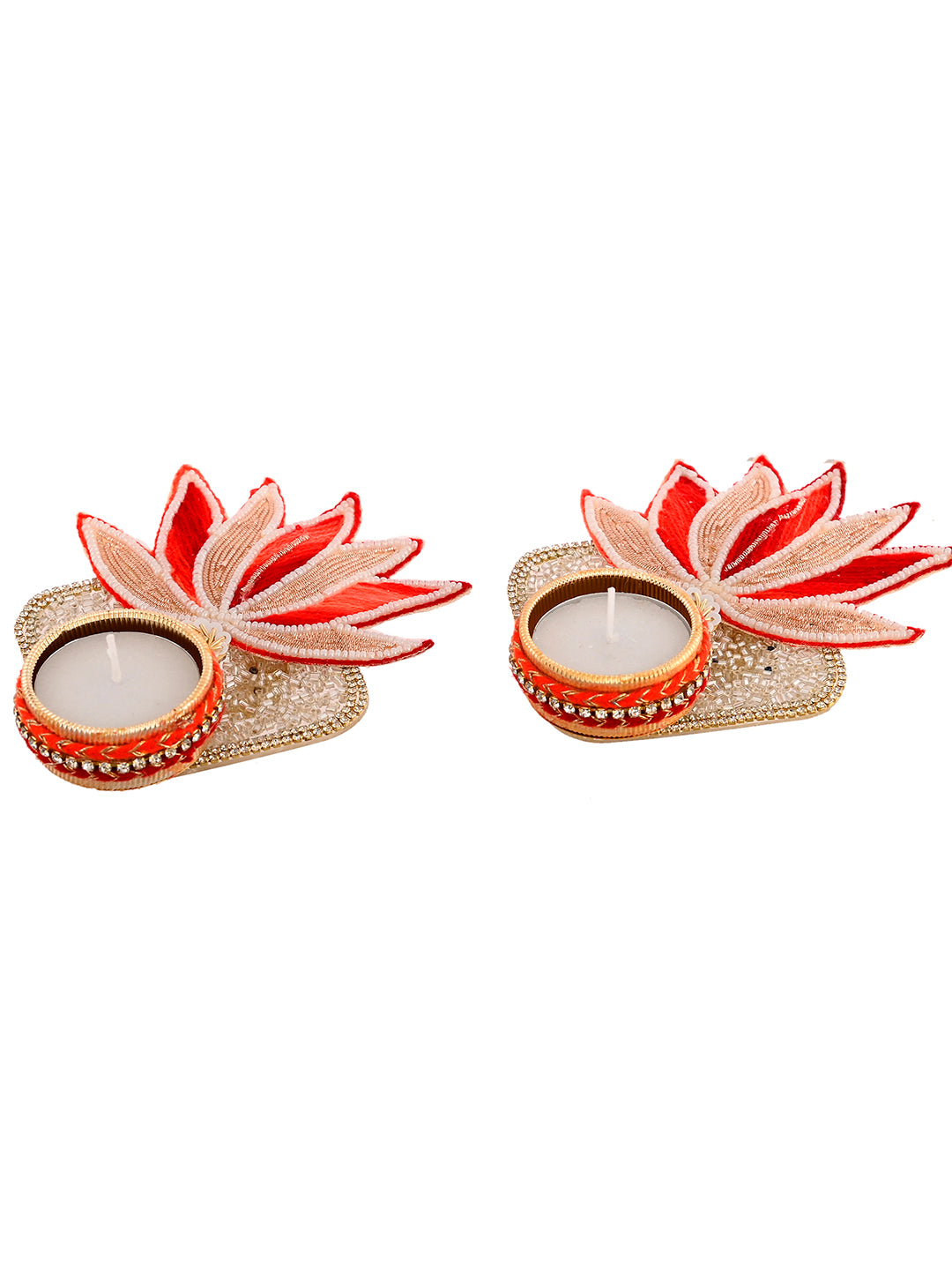 Gold-toned & Red 2 Pieces Lotus Shaped Metal Candle Holders