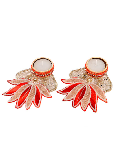 Gold-toned & Red 2 Pieces Lotus Shaped Metal Candle Holders