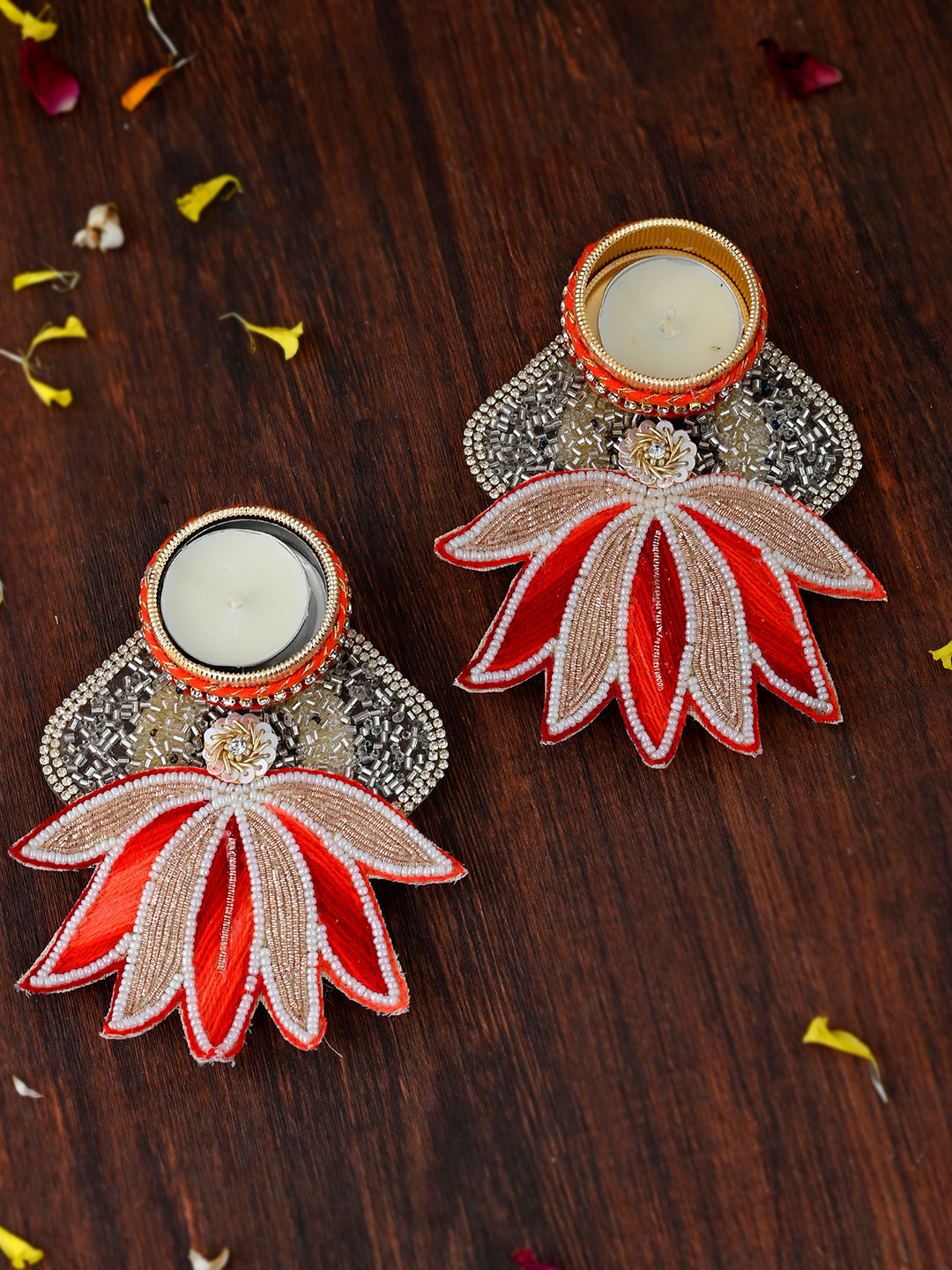 Gold-toned & Red 2 Pieces Lotus Shaped Metal Candle Holders