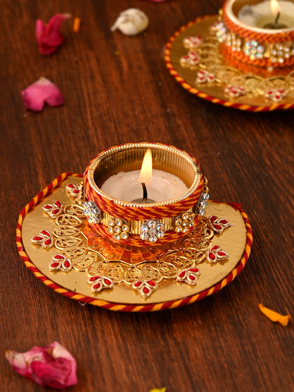 Red & Gold-Toned 2 Pieces Floral Metal Candle Holders
