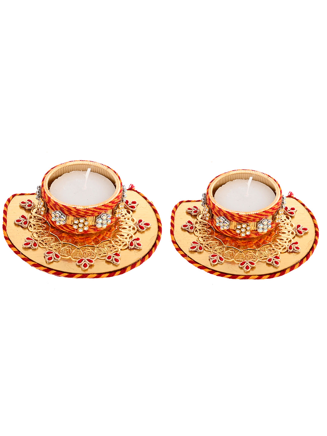 Red & Gold-Toned 2 Pieces Floral Metal Candle Holders