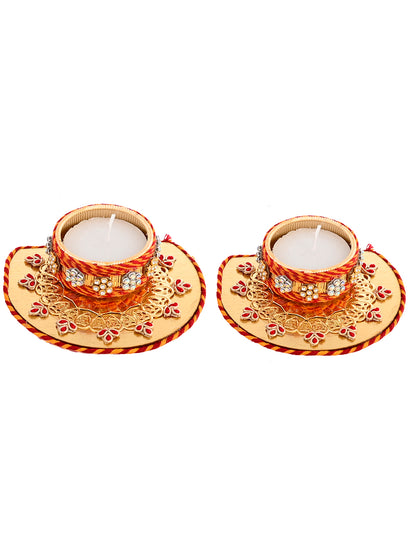 Red & Gold-Toned 2 Pieces Floral Metal Candle Holders