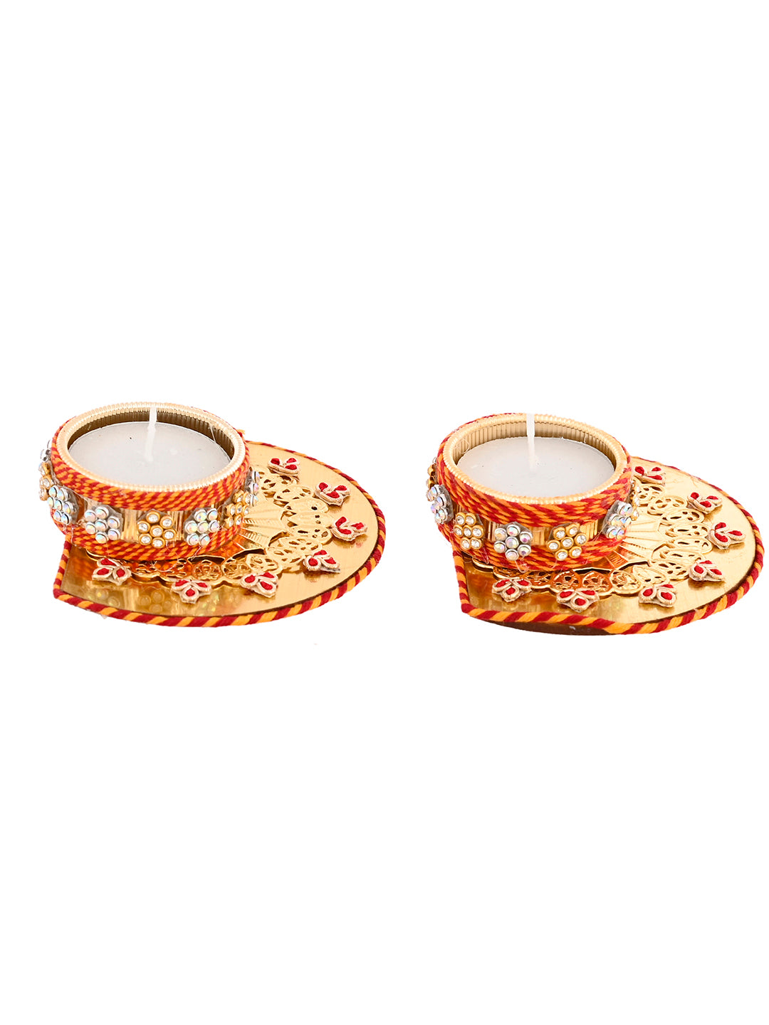 Red & Gold-Toned 2 Pieces Floral Metal Candle Holders