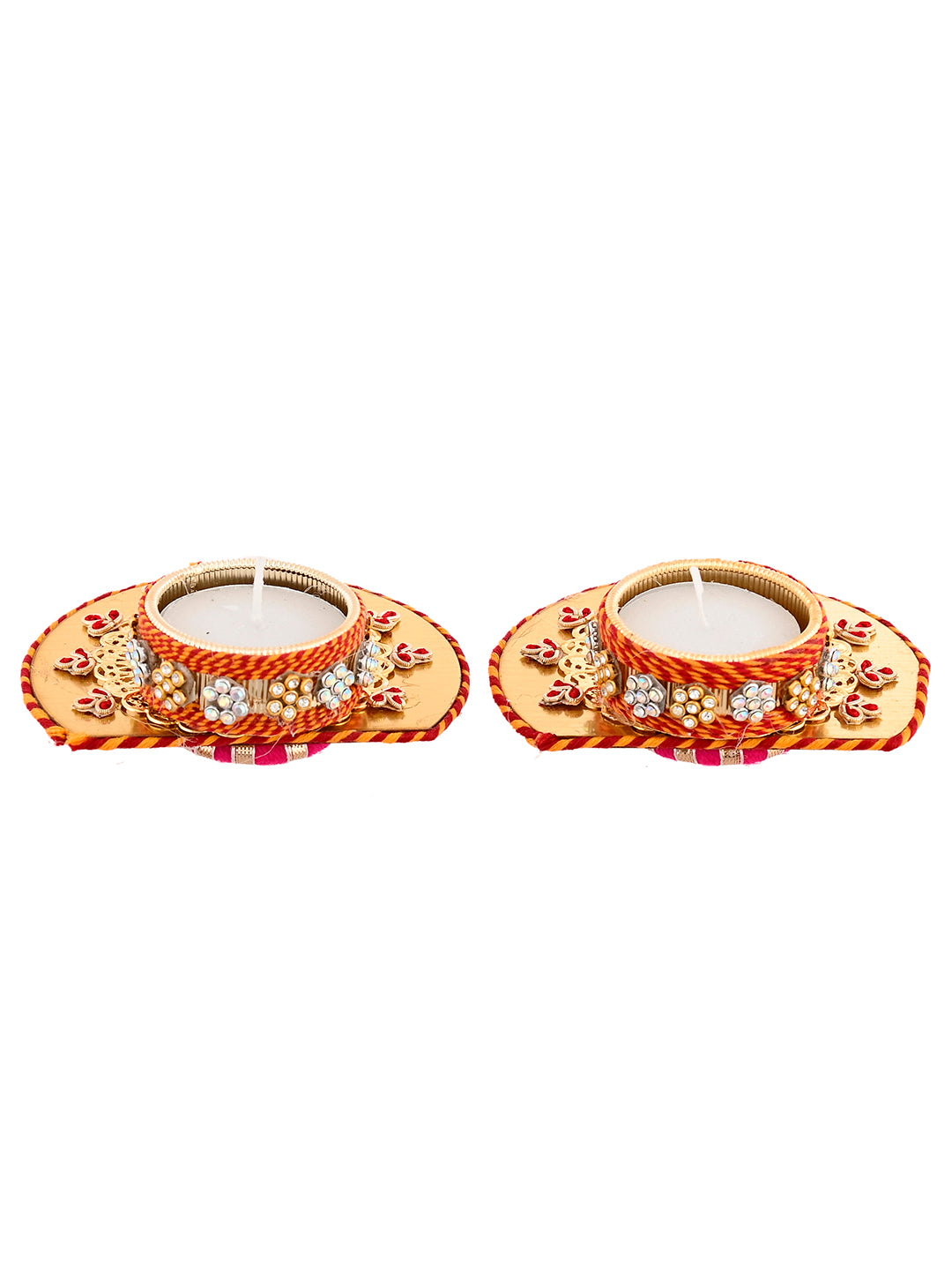 Red & Gold-Toned 2 Pieces Floral Metal Candle Holders