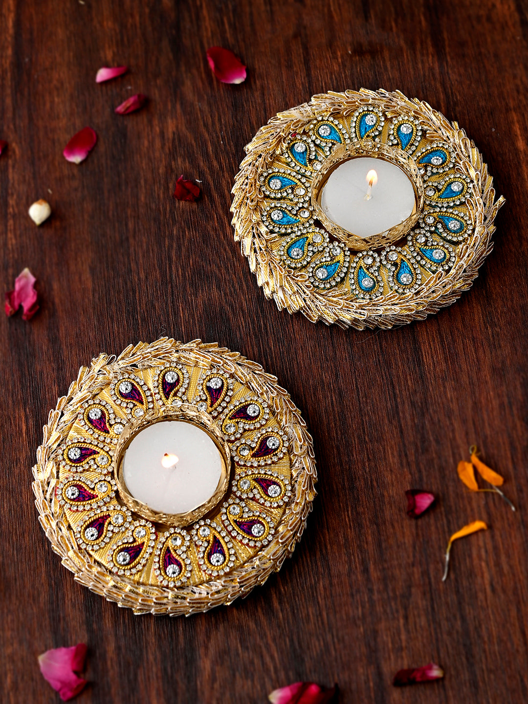 Blue & Maroon 2 Pieces Paisley Embellished Metal Candle Holders