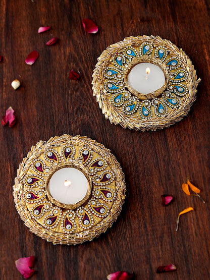 Blue & Maroon 2 Pieces Paisley Embellished Metal Candle Holders