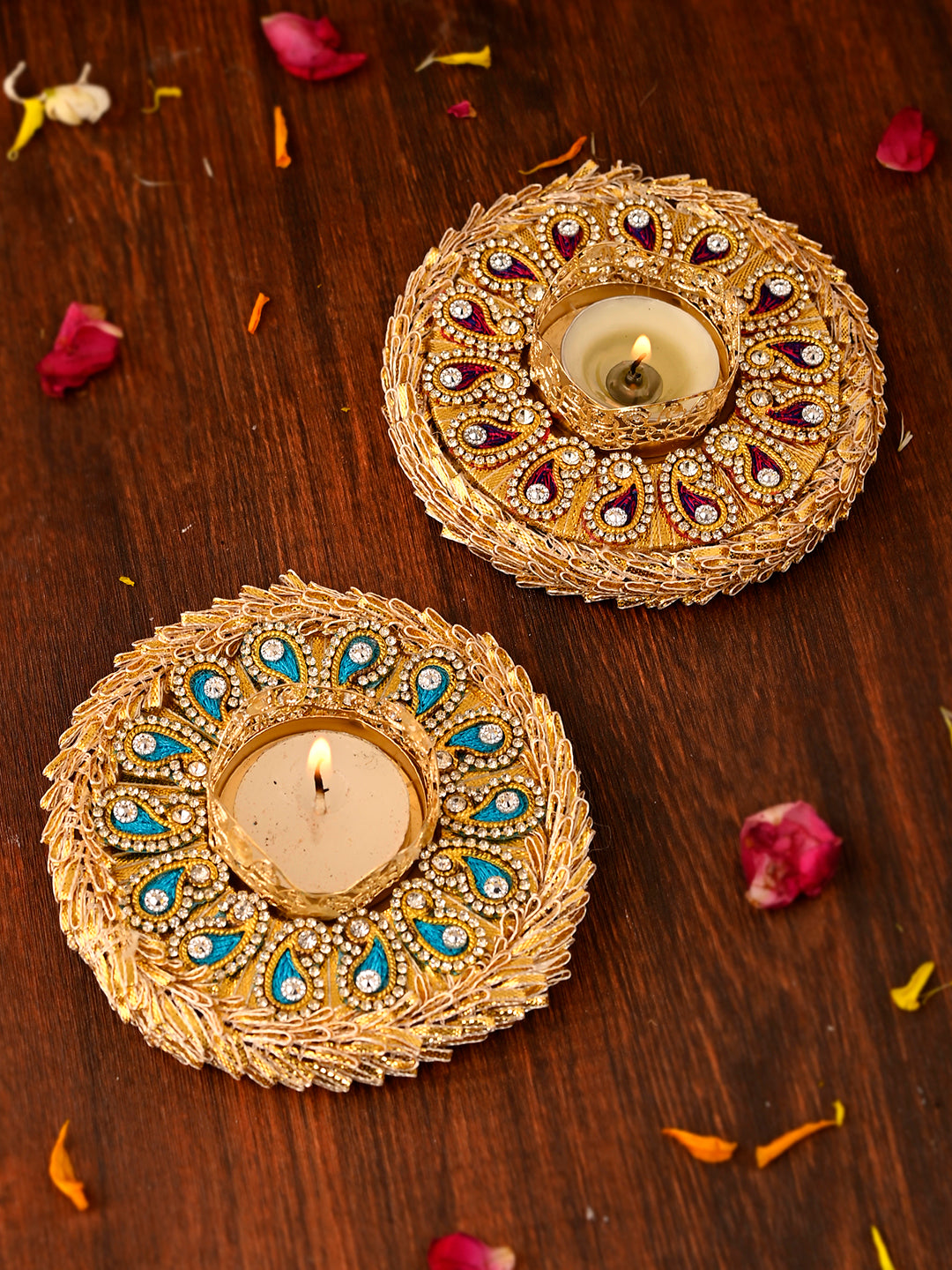 Blue & Maroon 2 Pieces Paisley Embellished Metal Candle Holders