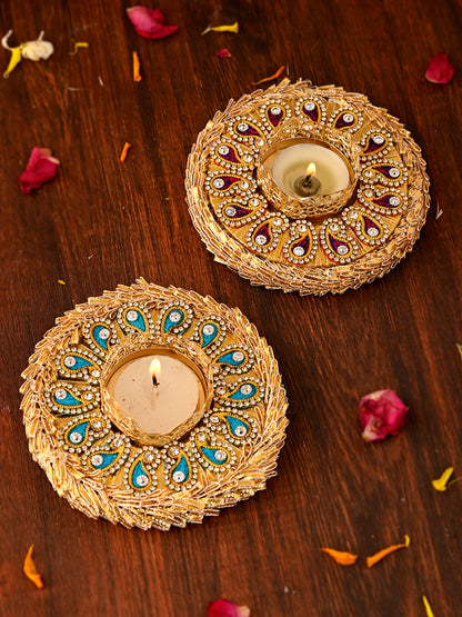 Blue & Maroon 2 Pieces Paisley Embellished Metal Candle Holders