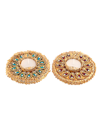 Blue & Maroon 2 Pieces Paisley Embellished Metal Candle Holders