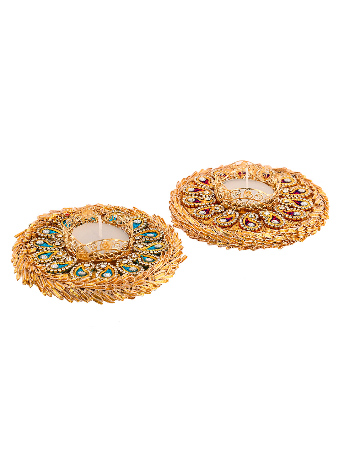 Blue & Maroon 2 Pieces Paisley Embellished Metal Candle Holders