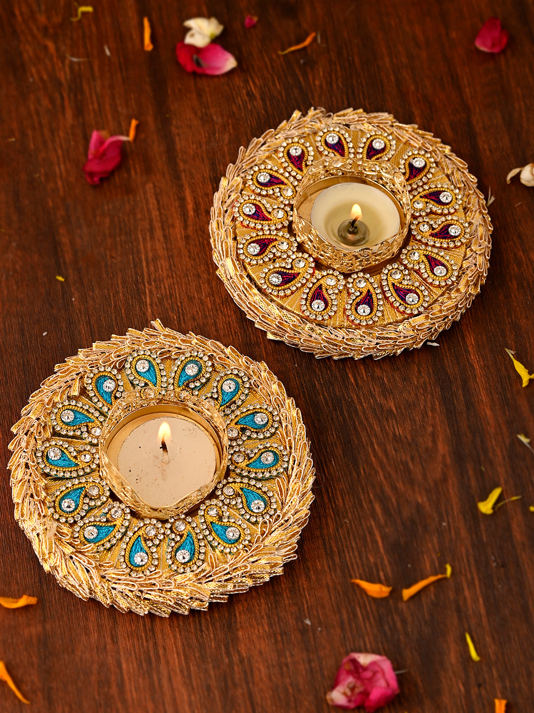 Blue & Maroon 2 Pieces Paisley Embellished Metal Candle Holders