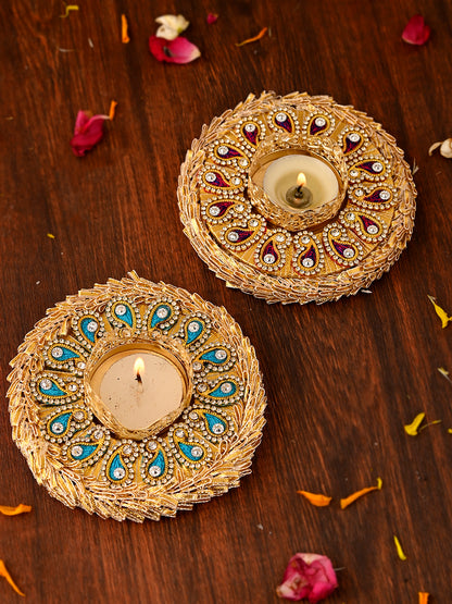 Blue & Maroon 2 Pieces Paisley Embellished Metal Candle Holders