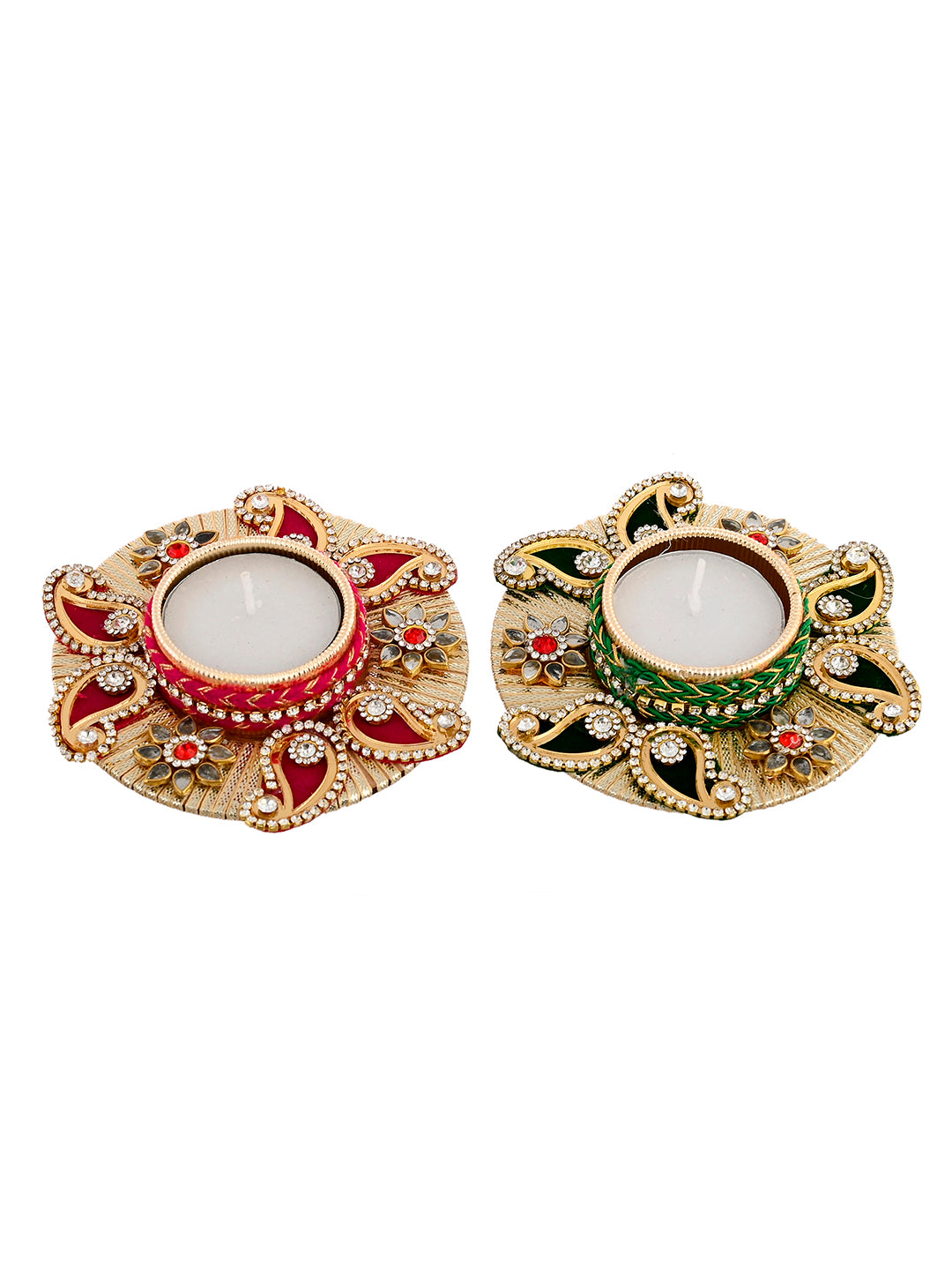 Green & Gold-Toned 2 Pieces Paisley Shaped Metal Candle Holders