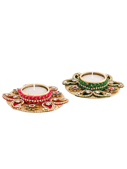 Green & Gold-Toned 2 Pieces Paisley Shaped Metal Candle Holders