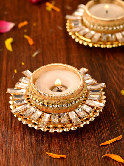 White 2 Pieces Stone Studded Metal Candle Holders